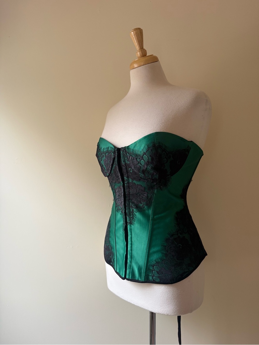 Y2K Emerald Green Black Lace Corset Bustier Top Size L